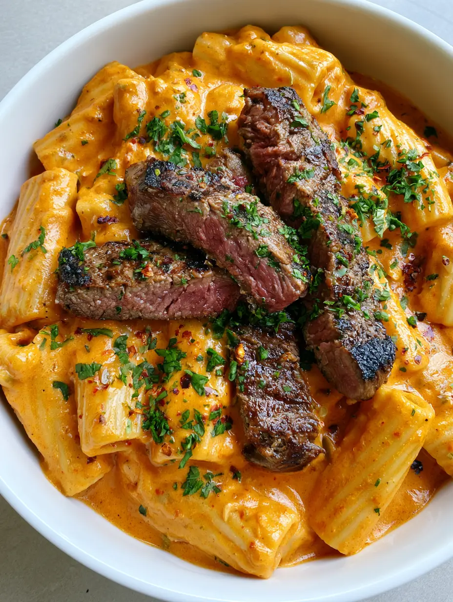 Cajun Steak Pasta with Creamy Orange Sauce 4 Close-up of Cajun Steak Pasta in a white bowl, showing the glossy texture of the orange sauce and charred steak edges.