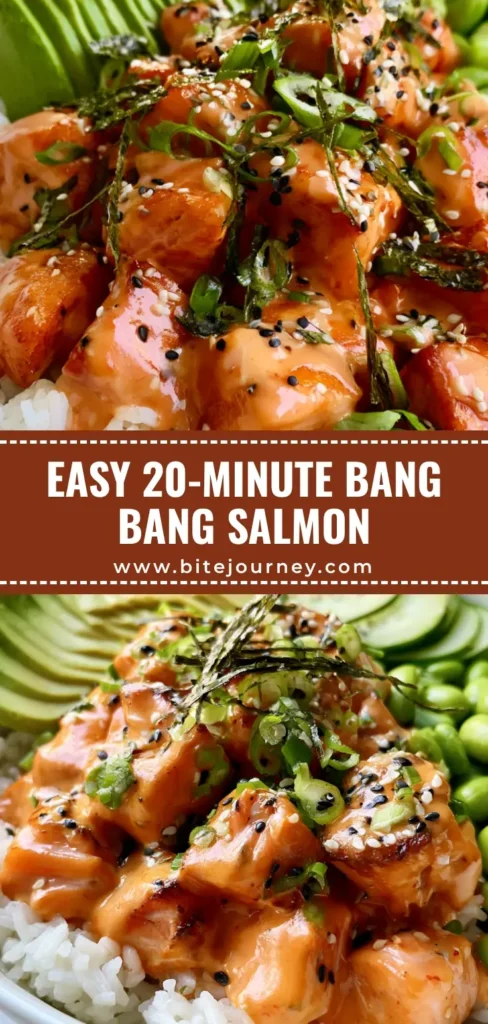 A handheld smartphone photo of a Bang Bang Salmon Rice Bowl featuring seared salmon cubes with creamy orange sauce, avocado, and cucumber over white jasmine rice.