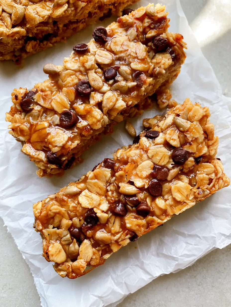 Close-up shot of chunky oat granola bars with a glossy honey glaze and sunflower seeds. (Homemade Snacks for Kids)