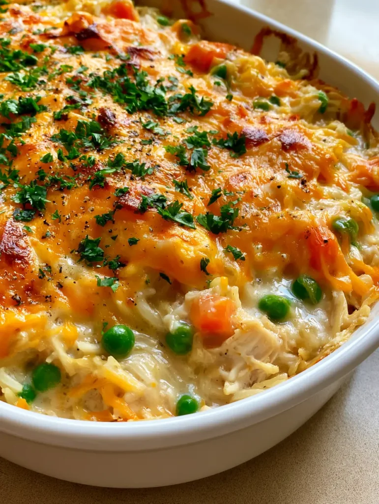 Overhead view of Chicken and Rice Casserole showing shredded white meat chicken and glossy cream sauce.