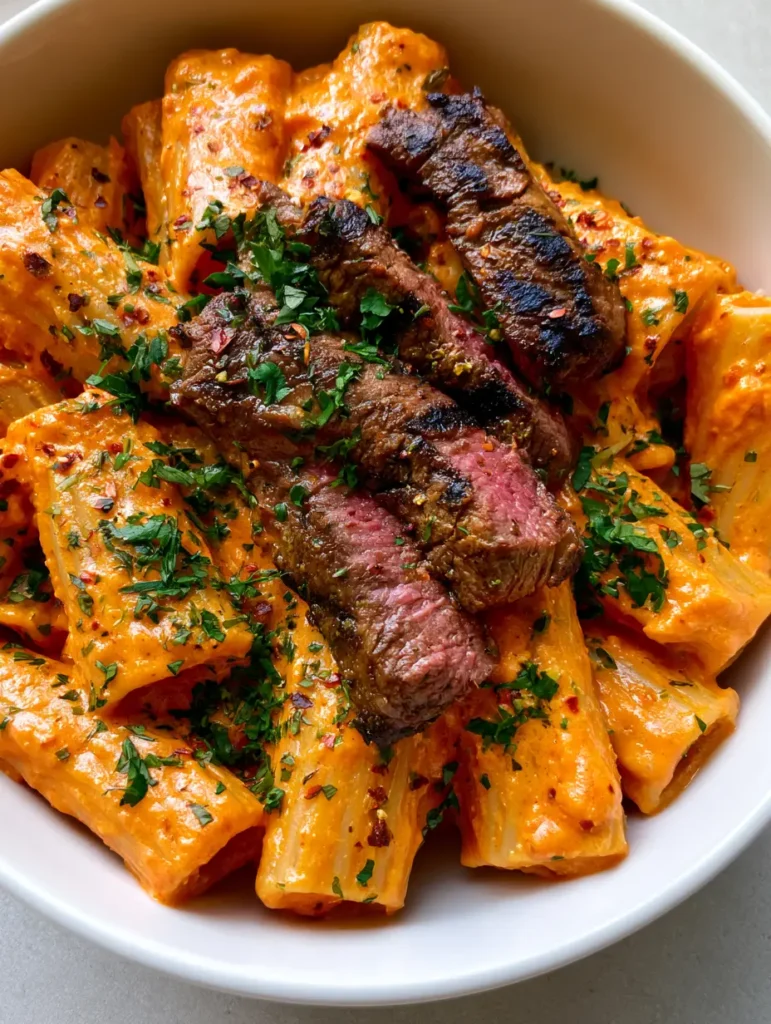 Cajun Steak Pasta with Creamy Orange Sauce 1 High-angle shot of Cajun Steak Pasta garnished with fresh parsley and red pepper flakes on a light gray background.