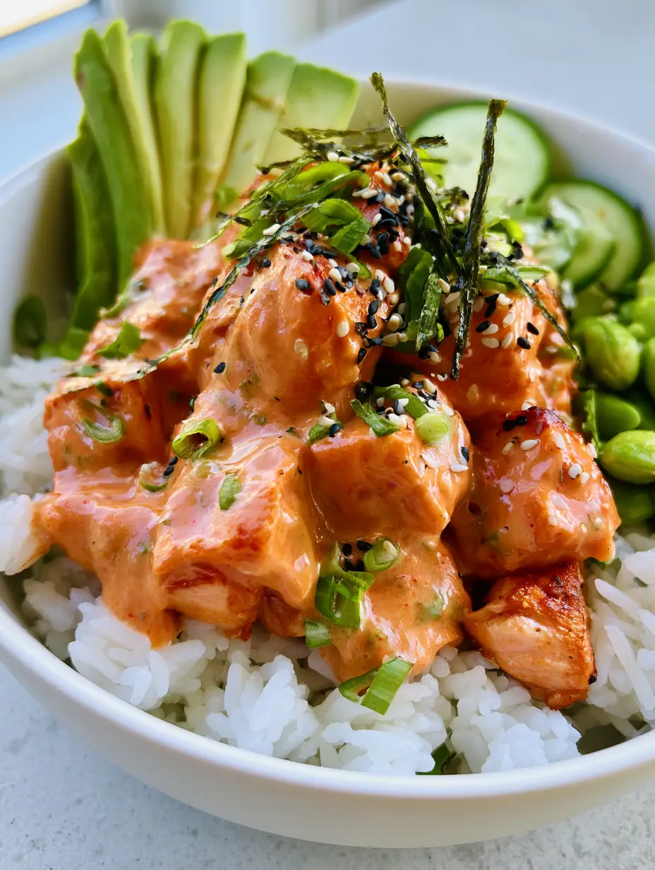 A close-up view of seared salmon cubes coated in glossy bang bang sauce inside a white ceramic bowl.