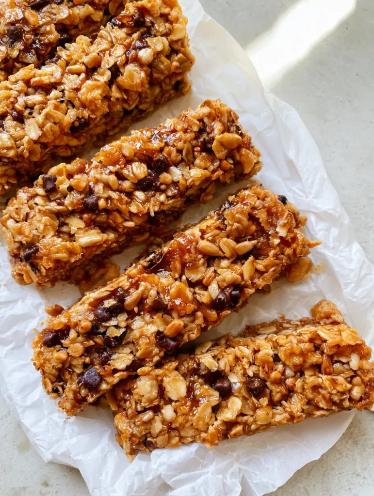 Rectangular granola bars showing visible individual oat flakes and mini dark chocolate chips on crumpled parchment.