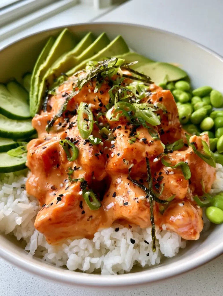 A top-down shot of the Bang Bang Salmon Rice Bowl showing the arrangement of avocado, cucumber, and edamame.