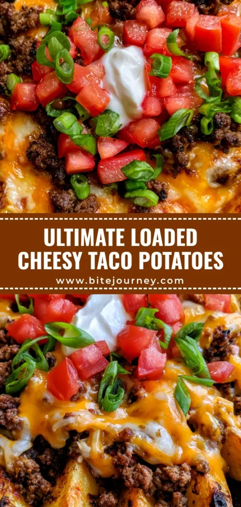 A rustic black cast iron skillet filled with golden-brown roasted potato wedges, seasoned ground beef, and a bubbly blanket of melted cheddar and Monterey Jack cheese, topped with tomatoes, green onions, and sour cream. (Cheesy Taco Potatoes)