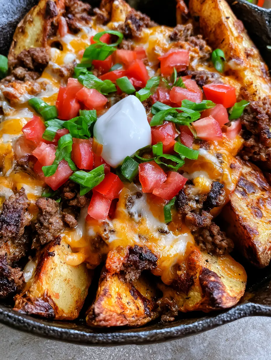 Top-down view of Cheesy Taco Potatoes featuring thick golden-brown potato wedges and melted orange cheddar cheese with fresh green onion garnish. (Cheesy Taco Potatoes)