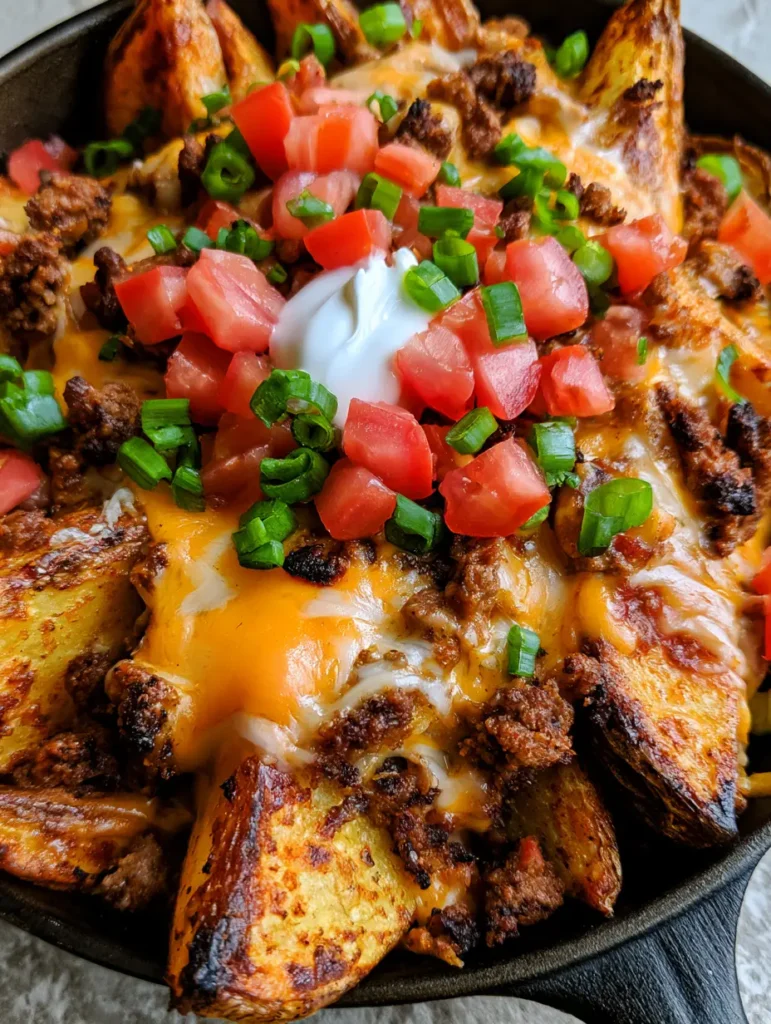 Overhead shot of Cheesy Taco Potatoes in a cast iron skillet showing crispy charred edges on the potatoes and diced red tomatoes on top.