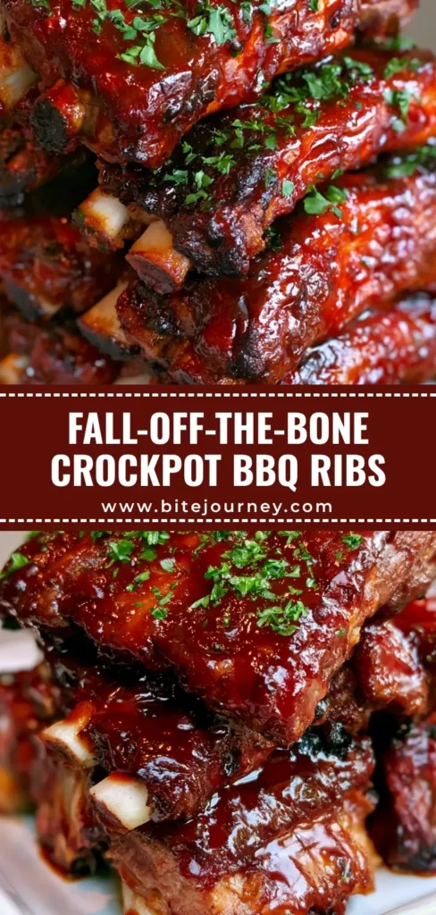 A stack of glossy Crockpot BBQ Ribs with a dark mahogany glaze and fresh parsley on a white rectangular platter.