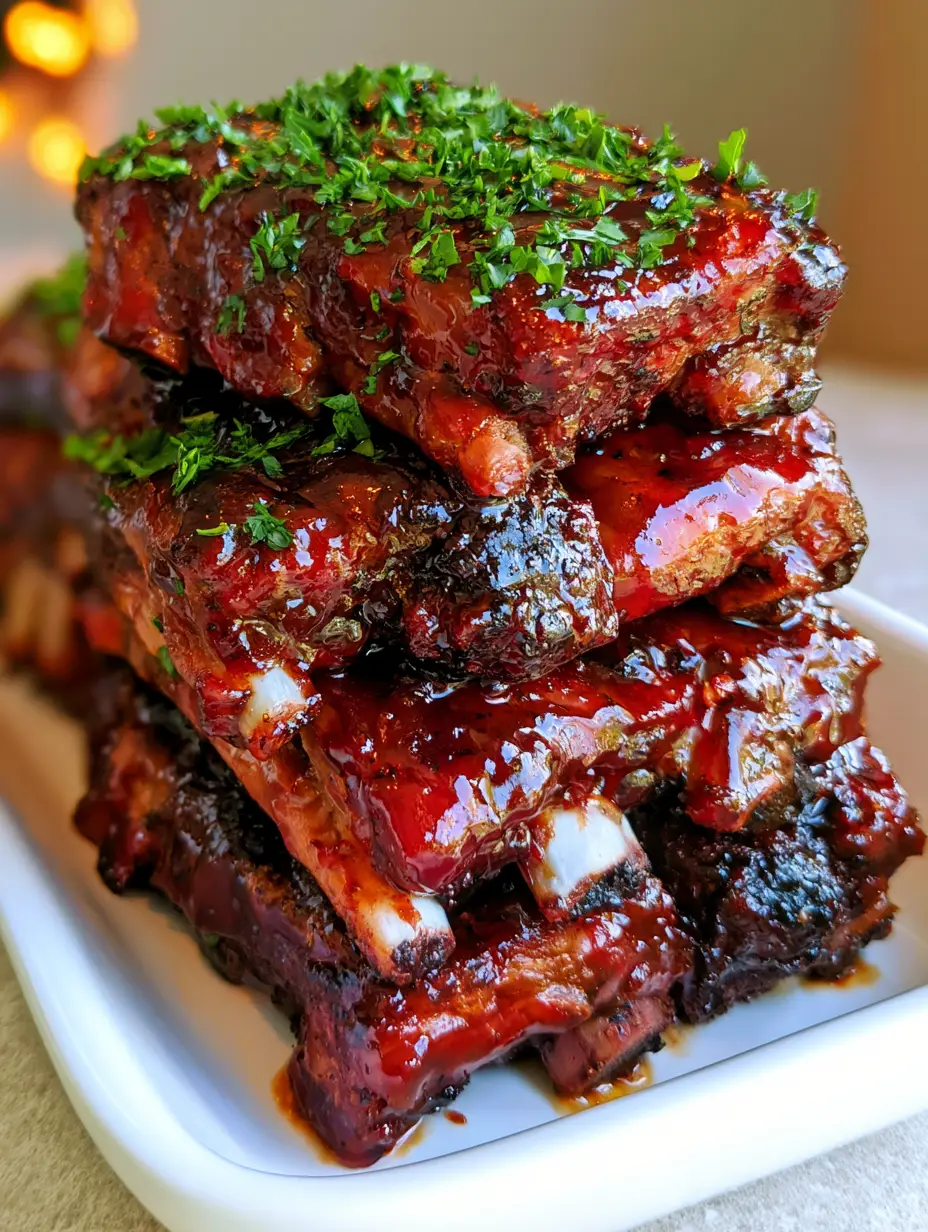 Close up of slow-cooked pork spare ribs with a thick mahogany-red barbecue glaze and green parsley flakes. (Crockpot BBQ Ribs)