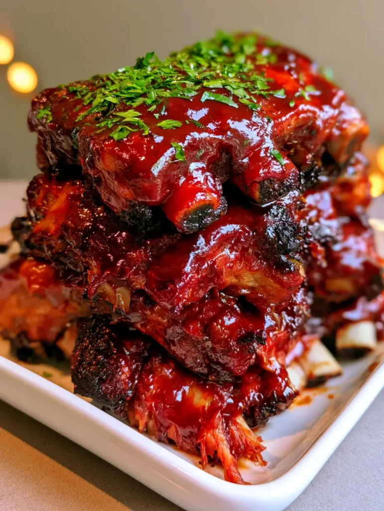 Overhead view of Crockpot BBQ Ribs on a white platter showing reflective sauce sheen and charred edges.