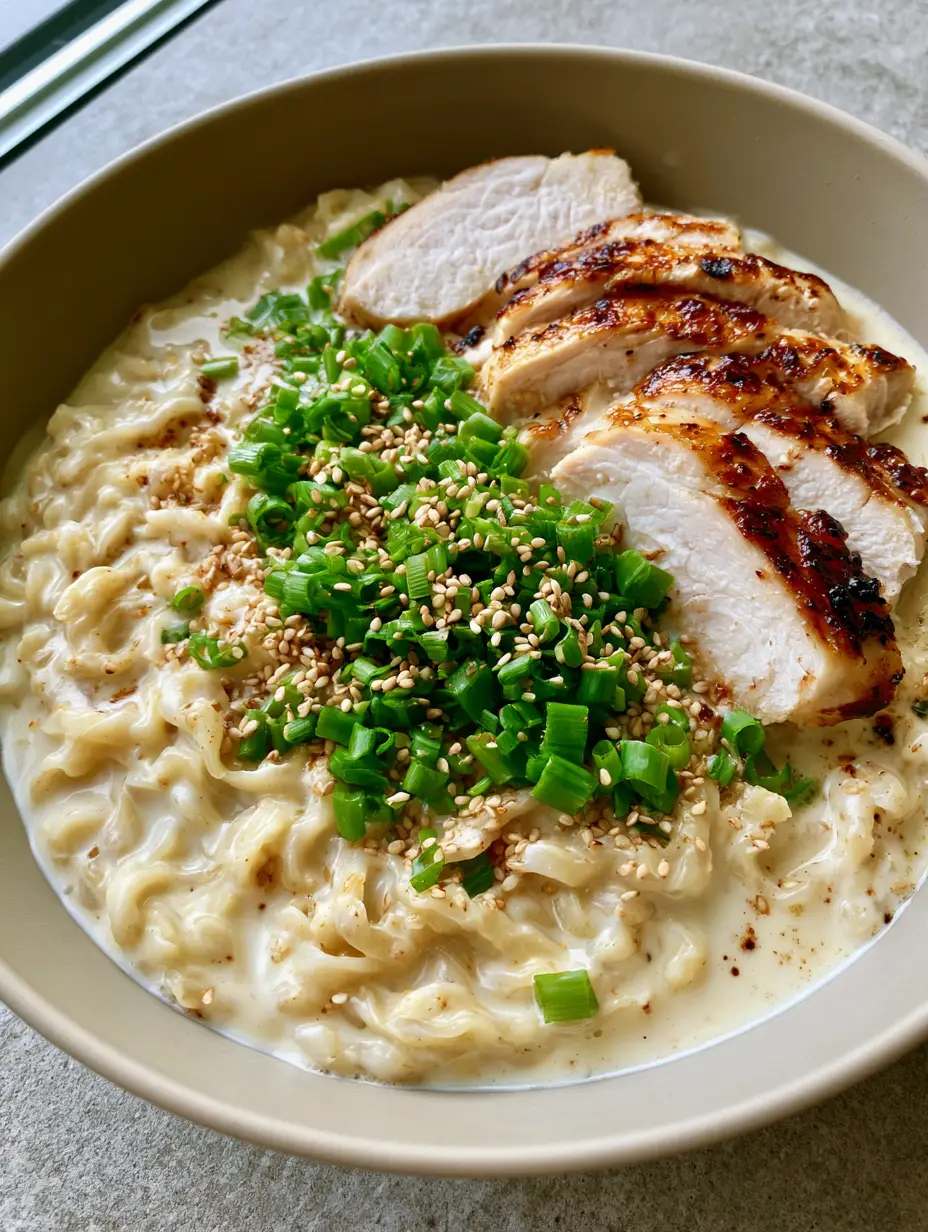 Close-up of Creamy Garlic Chicken Ramen showing the thick garlic cream sauce and charred chicken edges.