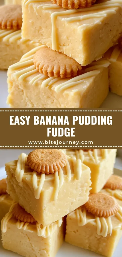 Banana Pudding Fudge: The Ultimate No-Bake Creamy Dessert 4 Thick squares of creamy pale yellow Banana Pudding Fudge topped with mini vanilla wafers and white chocolate drizzle on a white plate. (Banana Pudding Fudge)