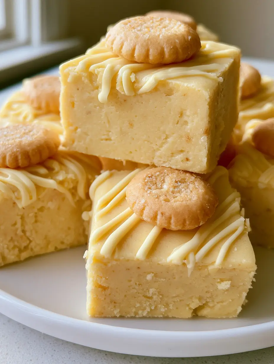 Banana Pudding Fudge: The Ultimate No-Bake Creamy Dessert 3 Close up handheld photo of thick Banana Pudding Fudge squares showing the matte texture and zig-zag drizzle. (Banana Pudding Fudge)