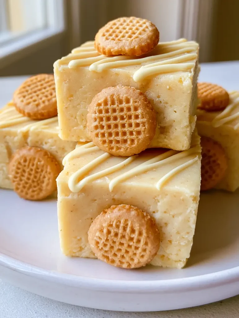 Banana Pudding Fudge: The Ultimate No-Bake Creamy Dessert 1 A stack of pale yellow banana pudding fudge squares on a white plate in natural light.