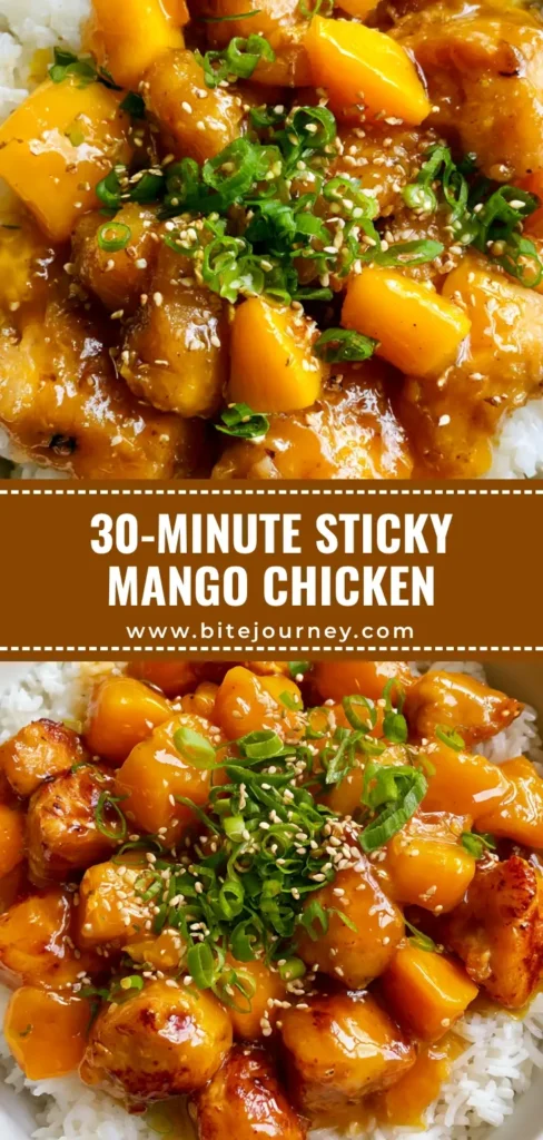 A top-down view of Mango Glazed Chicken over jasmine rice in a white bowl, garnished with scallions and sesame seeds.