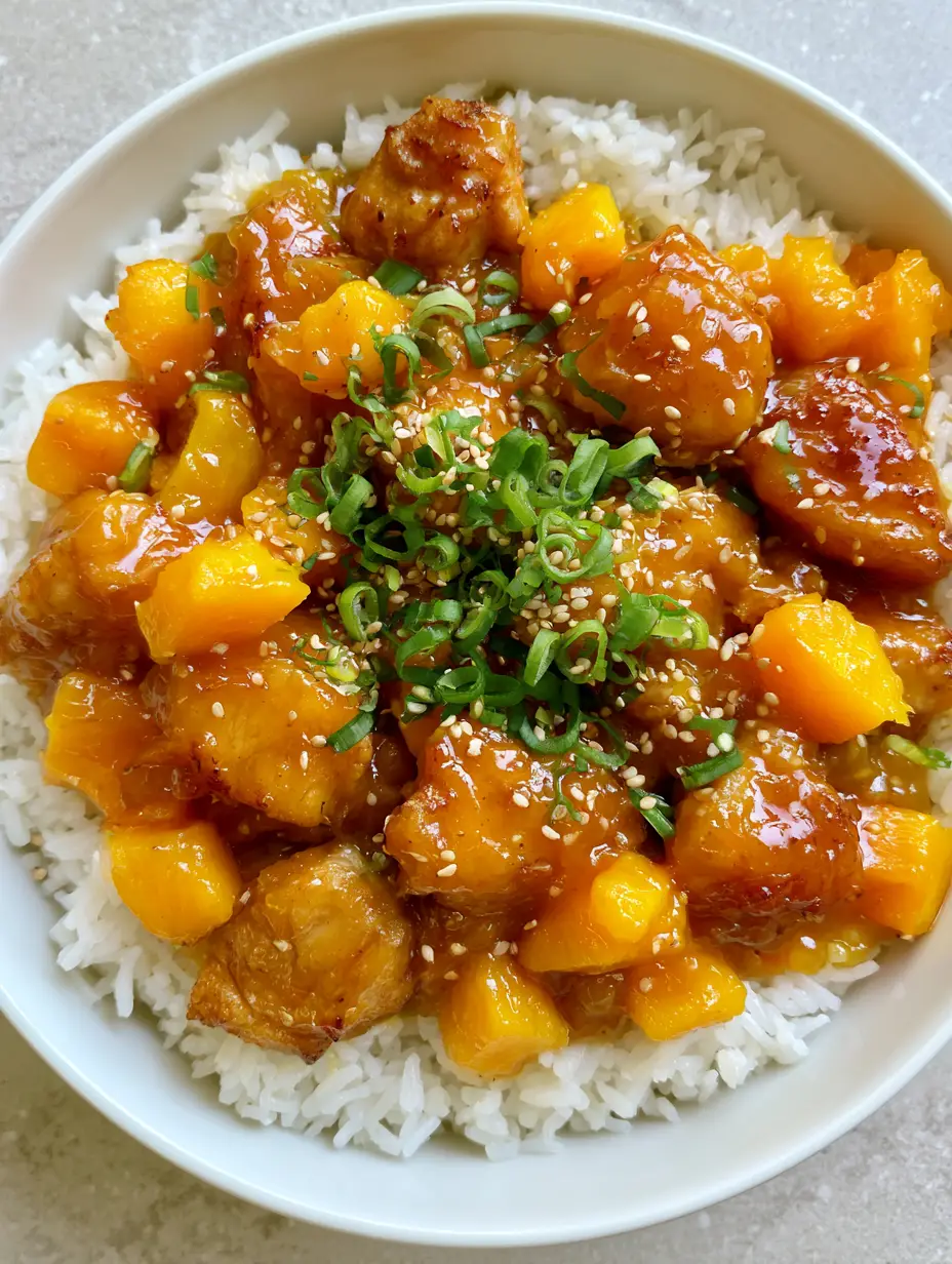 Close up of golden-brown chicken chunks heavily coated in a glossy mango glaze.