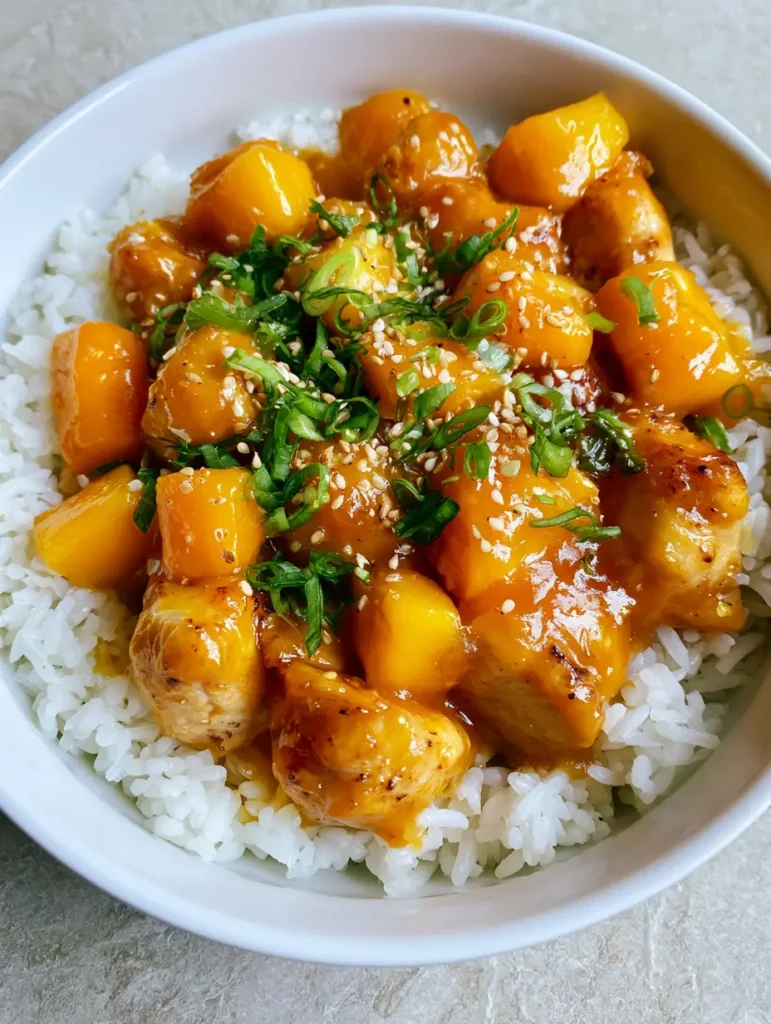 Fresh diced mango cubes and green scallions topping a Mango Glazed Chicken bowl.