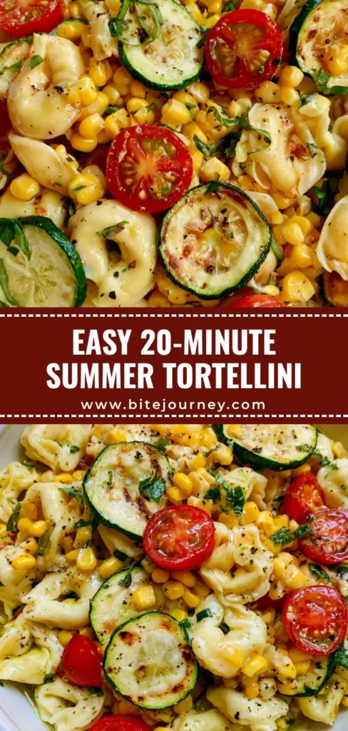 A top-down view of a white ceramic bowl filled with a fresh Summer Tortellini Recipe featuring charred zucchini, corn, and cherry tomatoes on a rustic wood table.