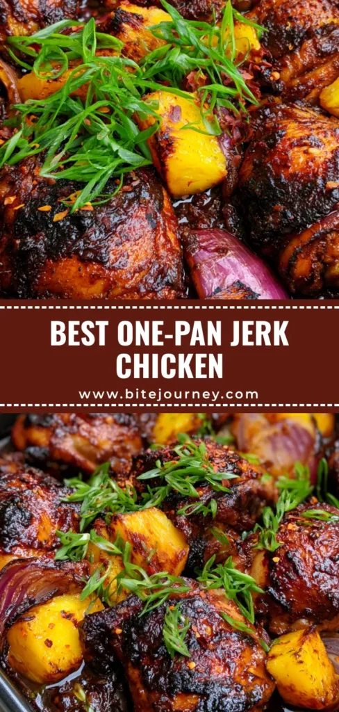 A black baking dish filled with charred skin-on Pineapple Jerk Chicken, caramelized pineapple chunks, and red onion wedges garnished with scallions.