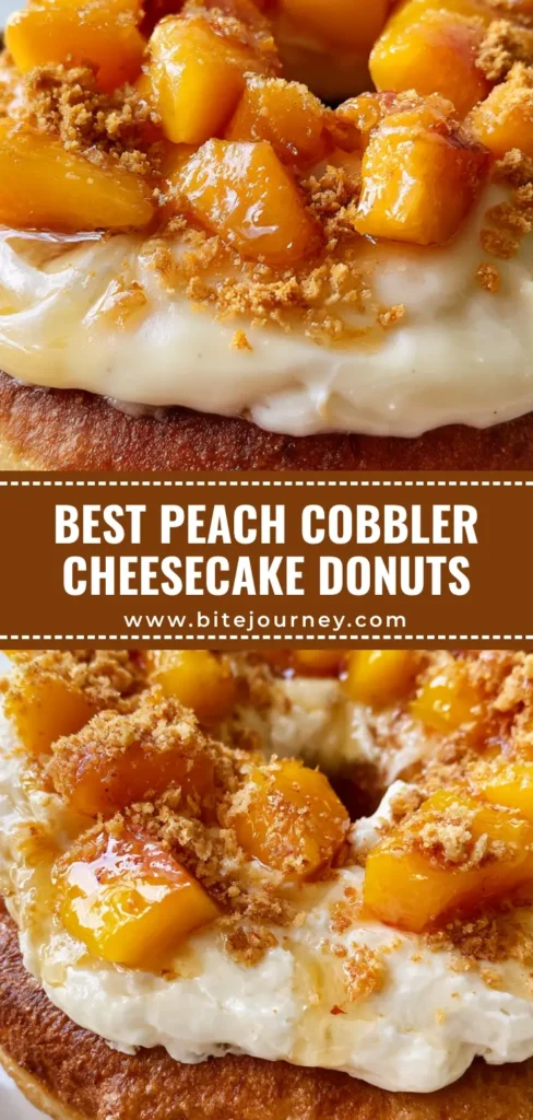 A close-up vertical shot of Peach Cobbler Cheesecake Donuts featuring a golden-brown fried base, honey-sheen frosting, and diced peaches.