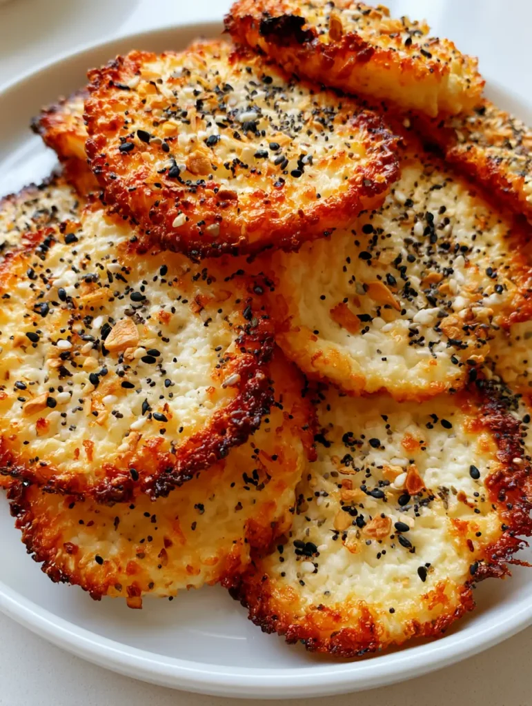 Cottage Cheese Chips (Crispy Everything Bagel Snack) 1 Handheld photo of stacked Cottage Cheese Chips on a white dish in a clean kitchen setting.