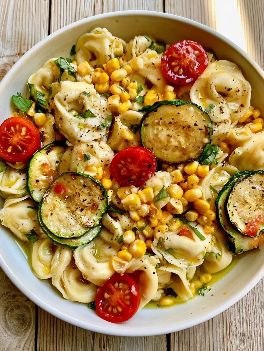 Close up of pale yellow cheese tortellini mixed with bright yellow corn and charred zucchini circles. (Summer Tortellini Recipe)