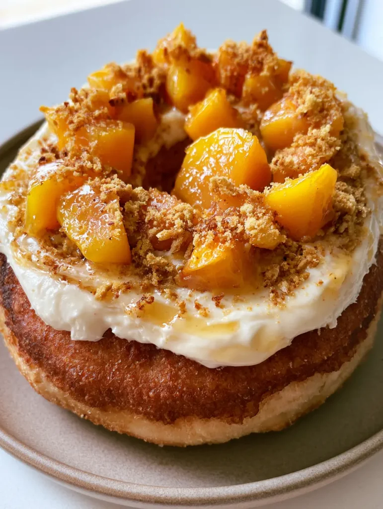 Thick golden-brown fried donut base with opaque white cream cheese frosting and fresh orange peaches. (Peach Cobbler Cheesecake Donuts)