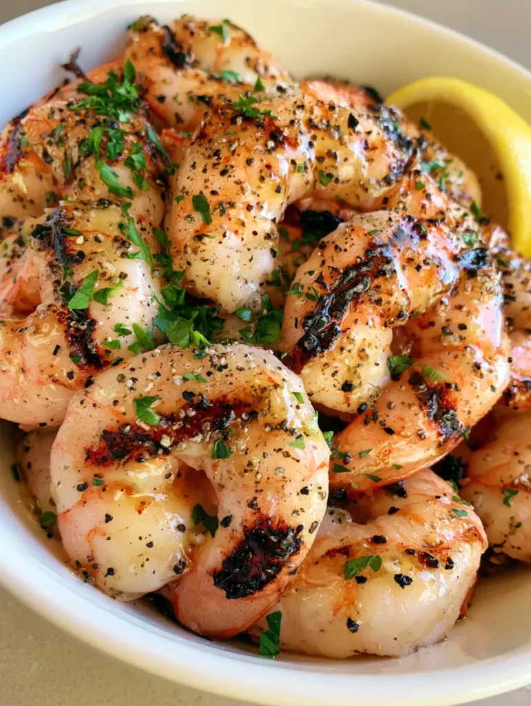 Best Marinated Grilled Shrimp (Juicy, Charred, and Garlic-Infused) 2 Close-up of jumbo grilled shrimp with prominent dark-brown charred grill marks and glossy garlic-oil. (Best Marinated Grilled Shrimp)