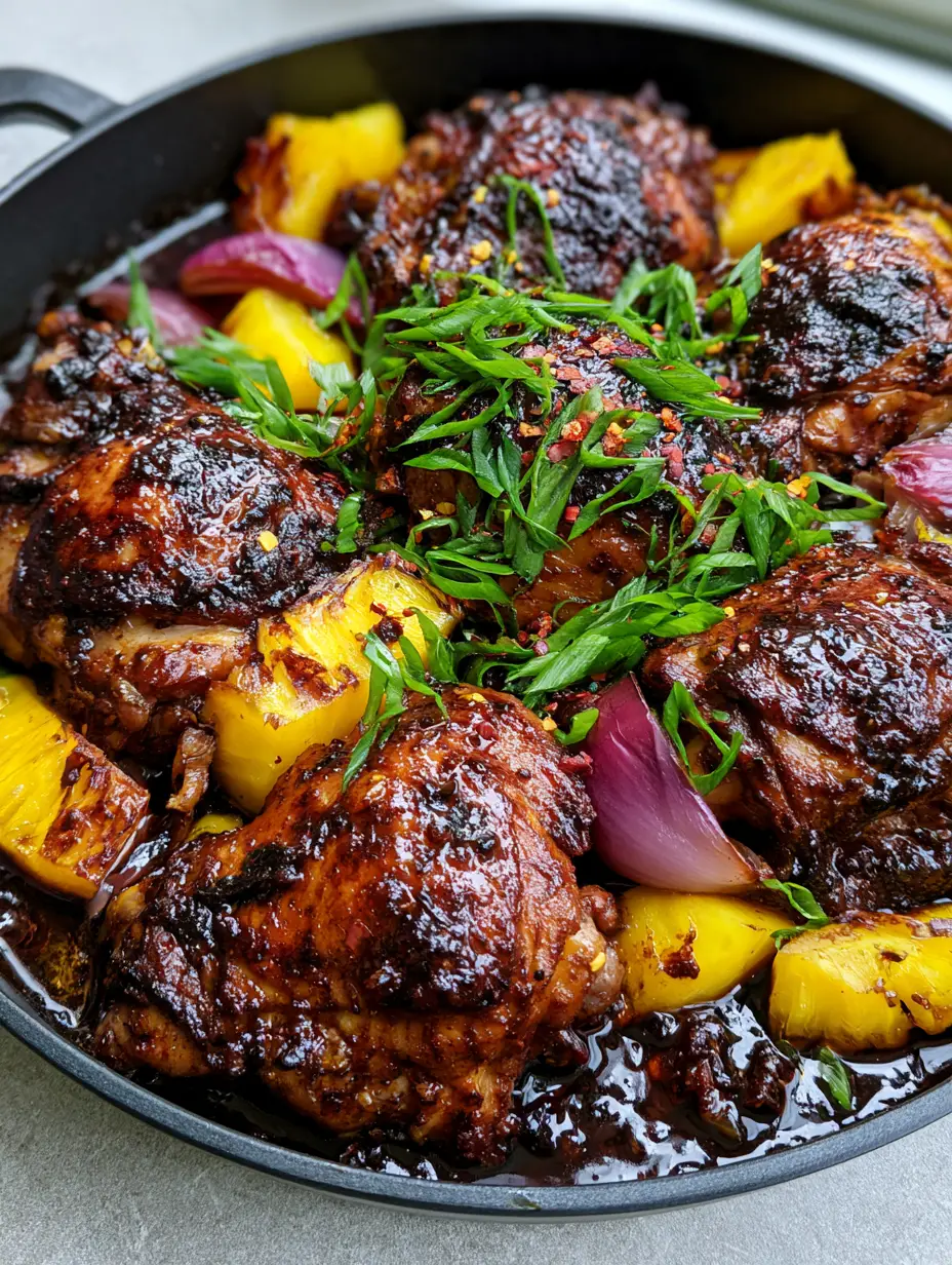 Close up handheld photo of Pineapple Jerk Chicken showing the dark mahogany glaze and charred chicken skin.