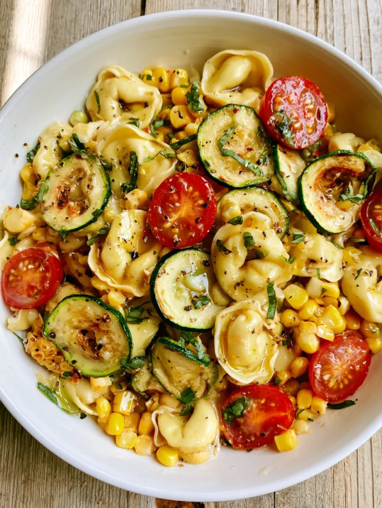Top-down view of Summer Tortellini Recipe in a white bowl showing glistening olive oil and cracked black pepper flakes.