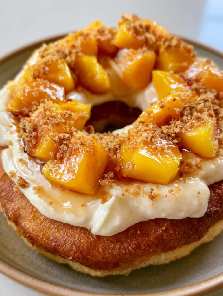 Detailed view of glistening diced orange peaches and fine graham cracker crumbs on top of a cheesecake donut.