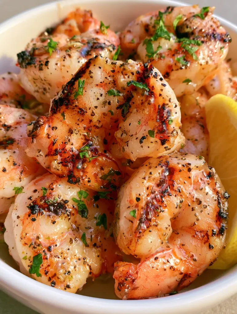 Best Marinated Grilled Shrimp (Juicy, Charred, and Garlic-Infused) 1 High-angle view of pink succulent grilled shrimp speckled with parsley and pepper in a ceramic bowl. (Best Marinated Grilled Shrimp)