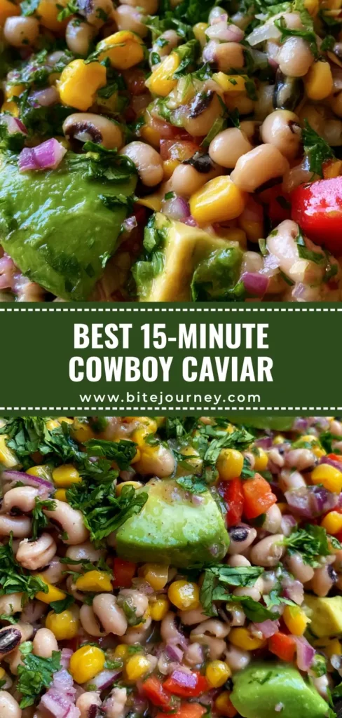 Cowboy Caviar Recipe: The Ultimate Fresh & Zesty Summer Dip 3 A vibrant Cowboy Caviar Recipe in a rustic dark wood bowl featuring black-eyed peas, yellow corn, and large green avocado chunks.