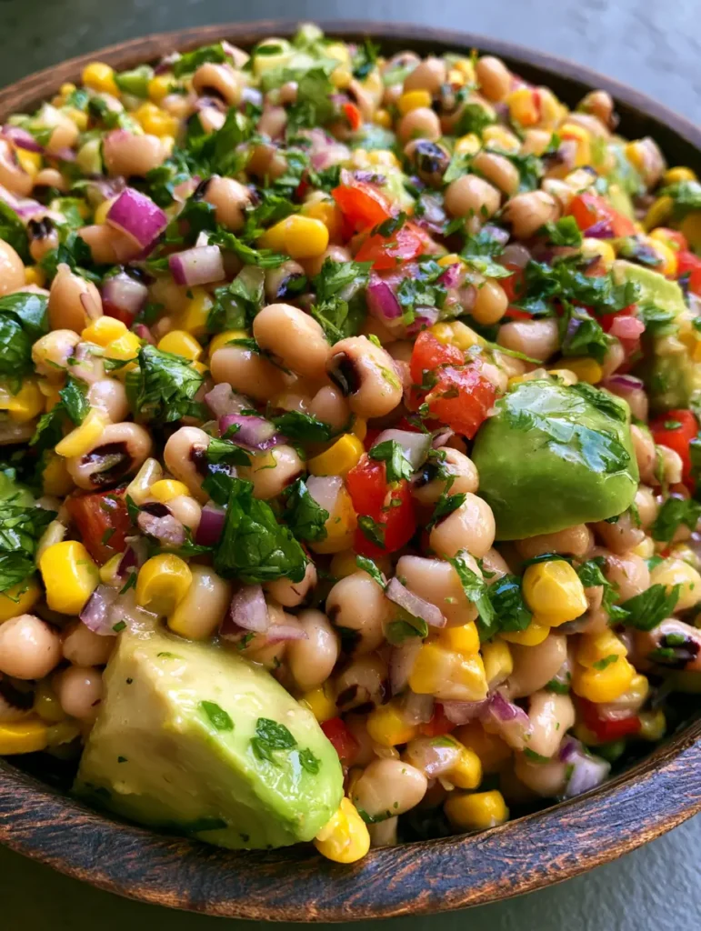 Cowboy Caviar Recipe: The Ultimate Fresh & Zesty Summer Dip 2 Close-up high-angle shot of Cowboy Caviar Recipe showing the texture of black-eyed peas, corn, and avocado in a glossy vinaigrette. (Cowboy Caviar Recipe)