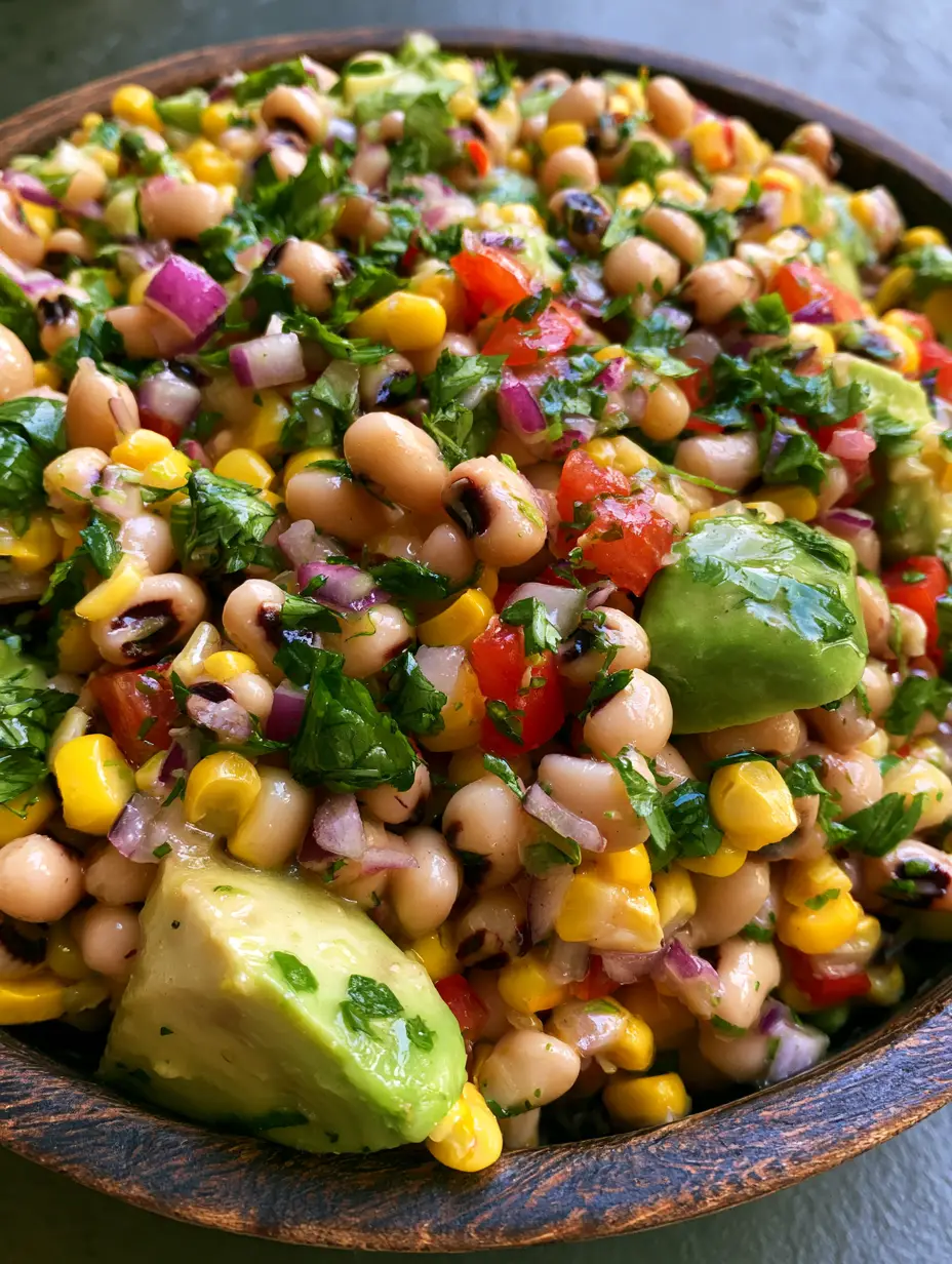Cowboy Caviar Recipe: The Ultimate Fresh & Zesty Summer Dip 4 Close-up high-angle shot of Cowboy Caviar Recipe showing the texture of black-eyed peas, corn, and avocado in a glossy vinaigrette. (Cowboy Caviar Recipe)