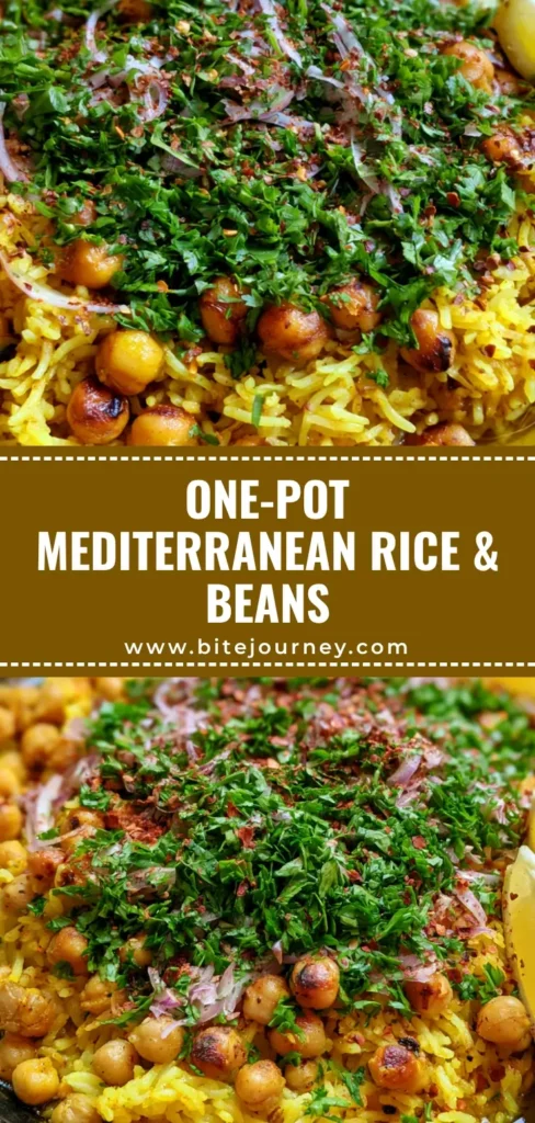 A top-down view of Mediterranean Rice and Beans in a black skillet, featuring golden turmeric rice, charred chickpeas, and fresh parsley. (Mediterranean Rice and Beans)