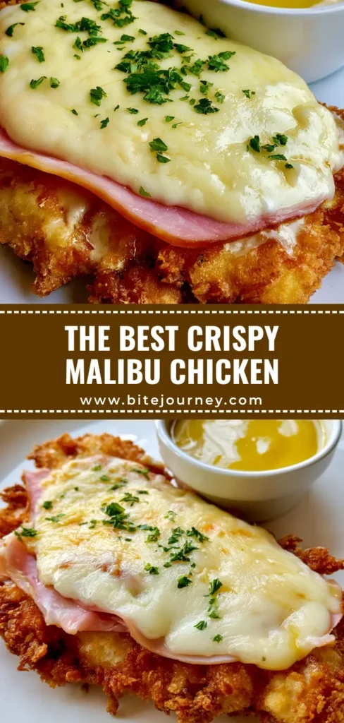 A close-up of Crispy Malibu Chicken showing the jagged panko crust, pink ham, and melted white Swiss cheese with a side of honey mustard sauce.