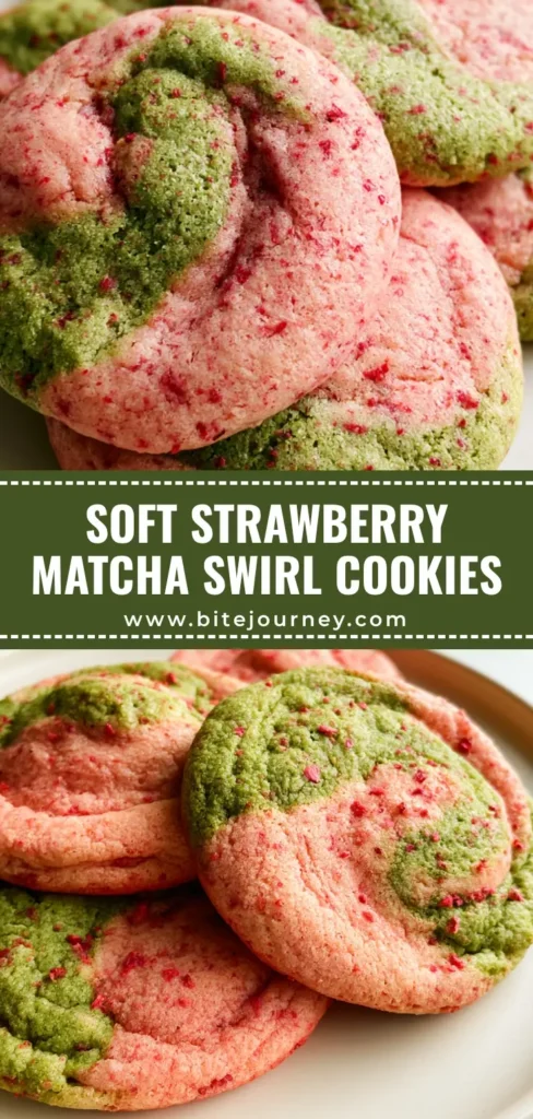 Strawberry Matcha Cookies: Soft-Baked Marbled Strawberry & Matcha Delight 3 A stack of thick, soft-baked Strawberry Matcha Cookies with a vibrant pink and green marbled swirl and visible crimson strawberry flecks.