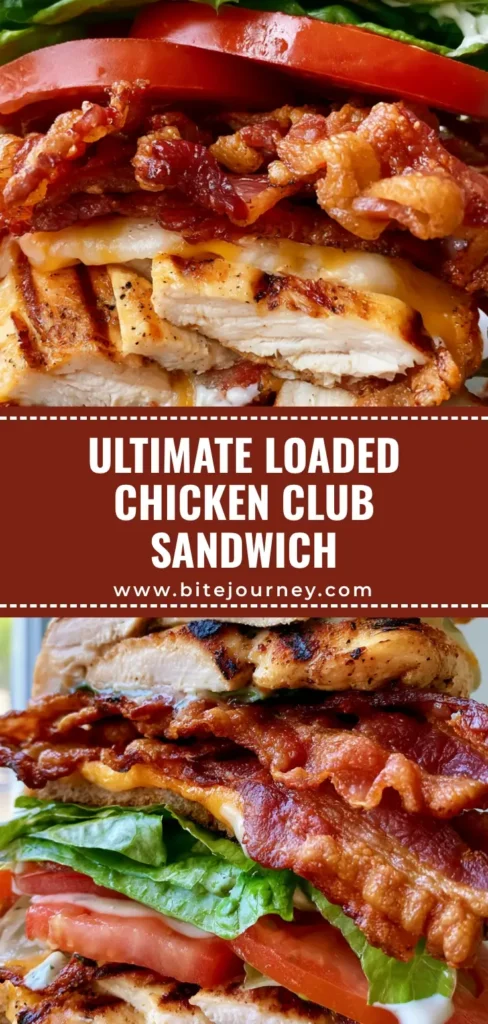 A tall, multi-layered Loaded Chicken Club Sandwich featuring seared chicken with grill marks, melted cheddar, and crispy bacon on artisan bread.