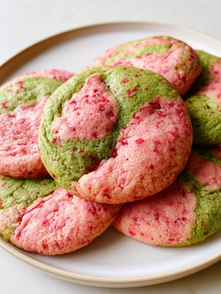 Strawberry Matcha Cookies: Soft-Baked Marbled Strawberry & Matcha Delight 2 Close up handheld photo of marbled Strawberry Matcha Cookies on a white plate showing soft matte texture.