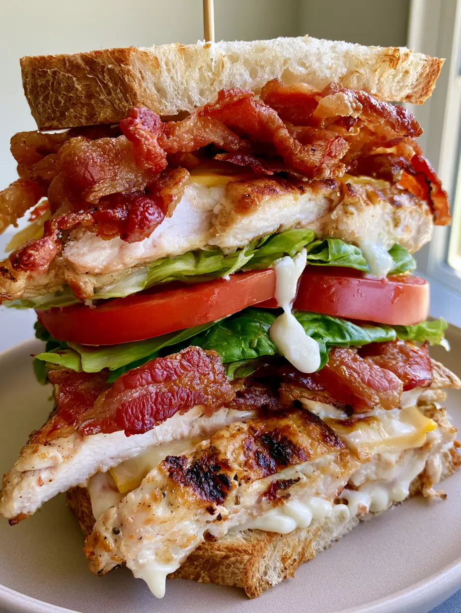 Close-up handheld photo of a Loaded Chicken Club Sandwich showing the dripping garlic aioli and layers of seared chicken and bacon.