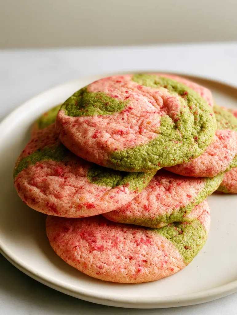 Strawberry Matcha Cookies: Soft-Baked Marbled Strawberry & Matcha Delight 1 Stack of thick round Strawberry Matcha Cookies with a matte finish and distinct pink and green swirls.