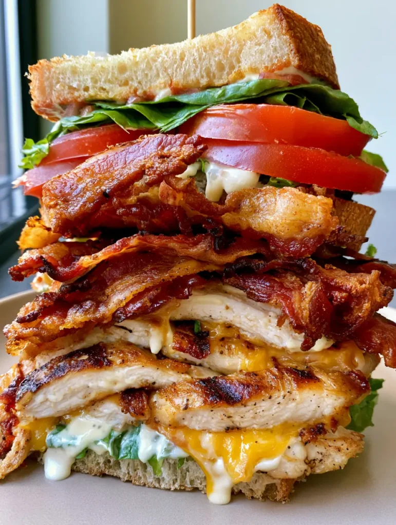 A professional-style smartphone photo of a tall Loaded Chicken Club Sandwich on a neutral tabletop with soft natural lighting.