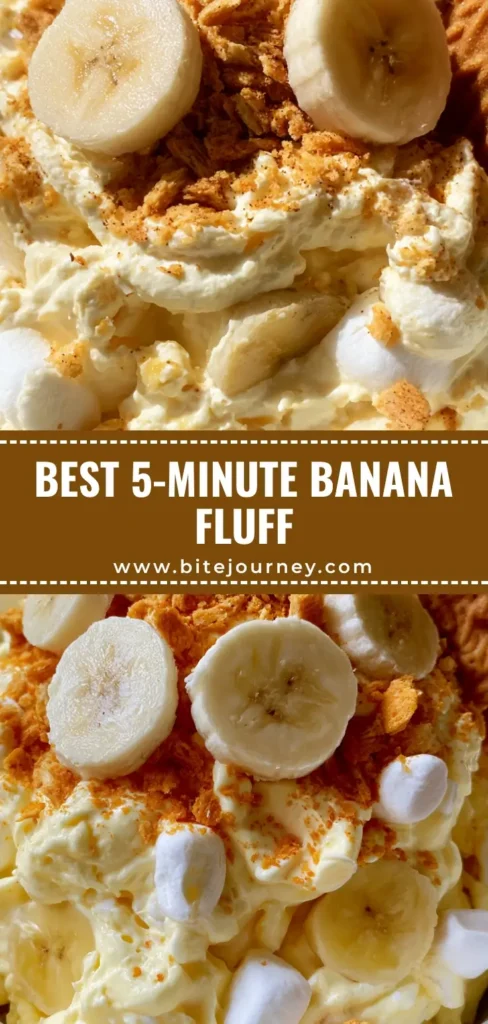 Banana Pudding Fluff Salad: The Easiest No-Bake Dessert Recipe 4 A close-up vertical shot of Banana Pudding Fluff Salad in a white bowl, garnished with crushed vanilla wafers, fresh banana slices, and a whole wafer cookie.