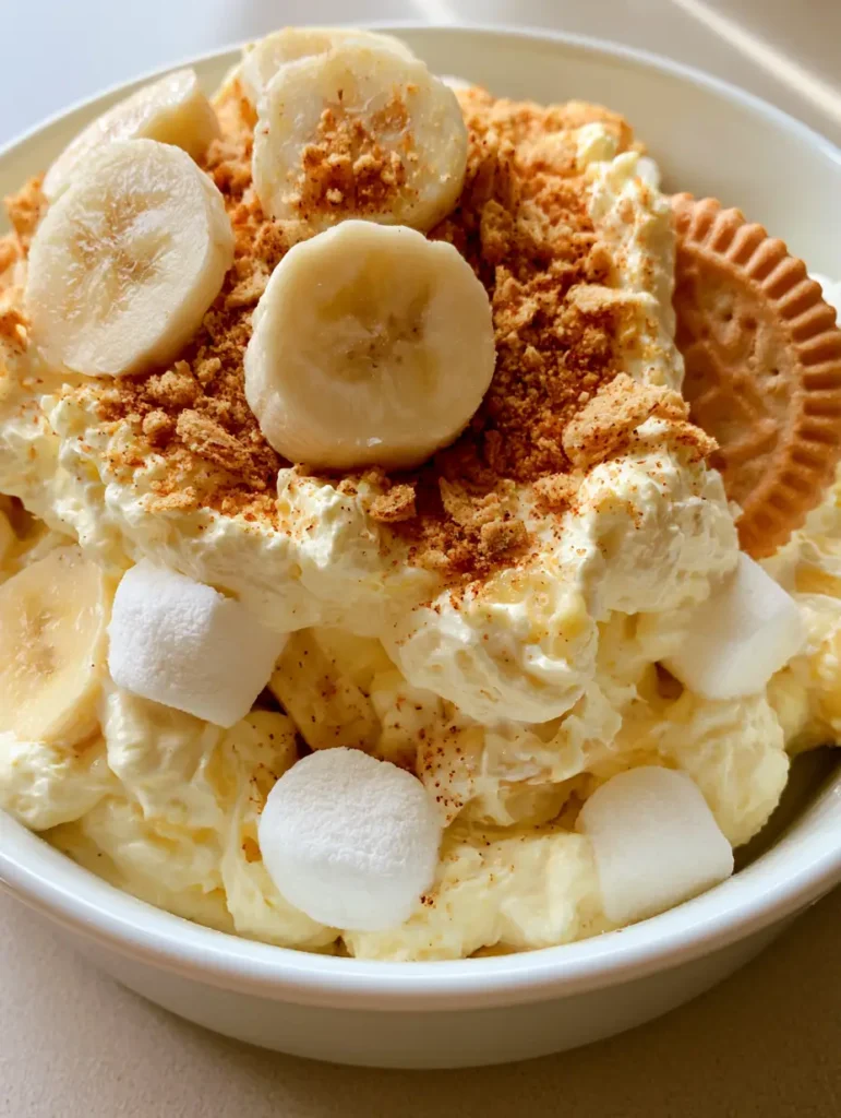 Handheld smartphone photo of a white ceramic bowl filled with pale yellow Banana Pudding Fluff Salad, featuring marshmallows and banana coins.