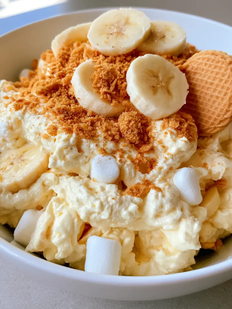 Banana Pudding Fluff Salad: The Easiest No-Bake Dessert Recipe 1 Top-down view of Banana Pudding Fluff Salad showing the generous topping of crushed golden vanilla wafers and fresh banana slices.