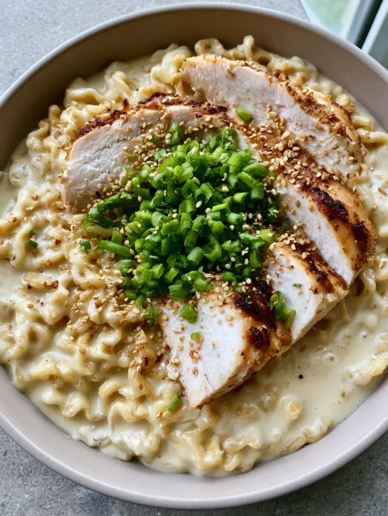 Angled shot of a matte ceramic bowl filled with Creamy Garlic Chicken Ramen on a stone surface.