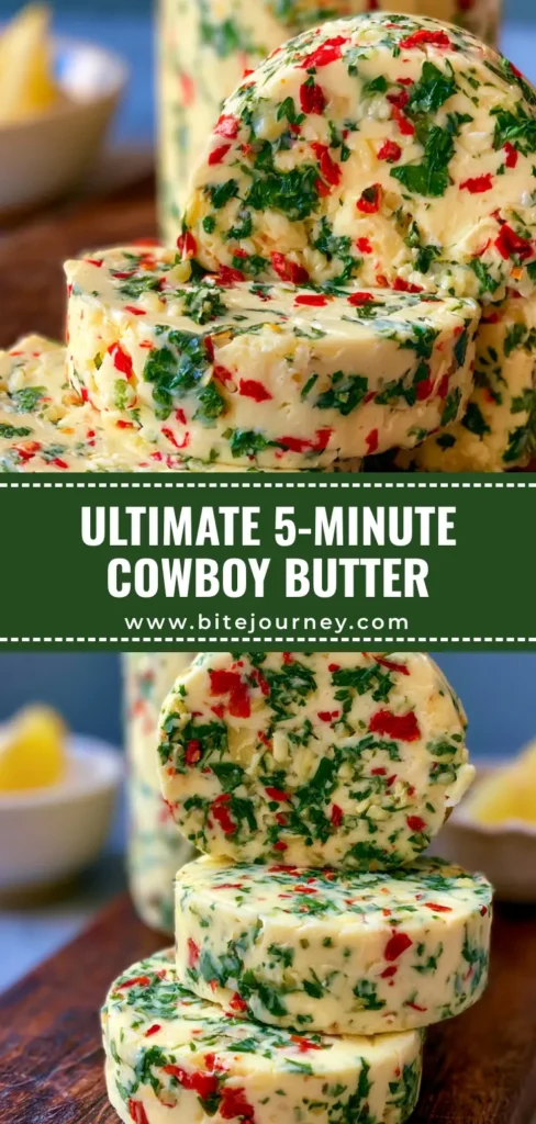 A thick log of Cowboy Butter sliced into medallions on a rustic board with lemon wedges. (Cowboy Butter Recipe)