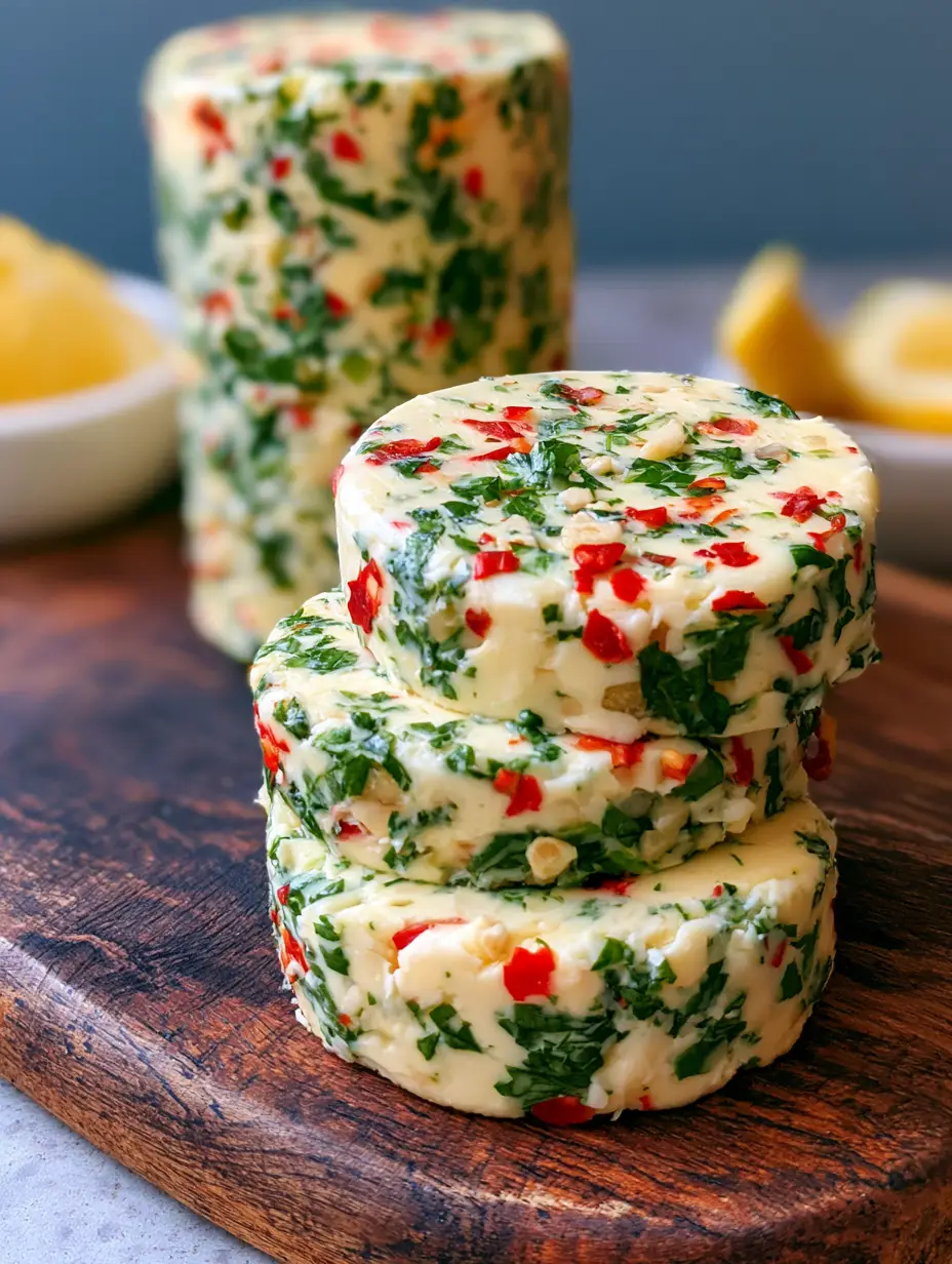 Close up of Cowboy Butter medallions showing garlic bits and red chili flakes. (Cowboy Butter Recipe)