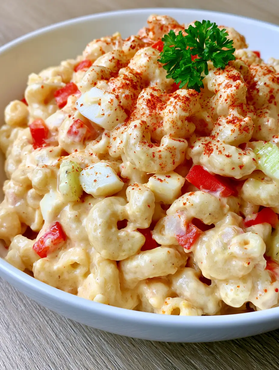 Creamy Amish Pasta Salad in a white bowl showing diced eggs and red bell peppers. (Amish Pasta Salad)